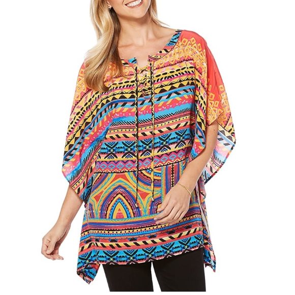 Rafaella Striped Tribal Caftan Tunic Top Size Small/Med Sunset NWT - Picture 1 of 2